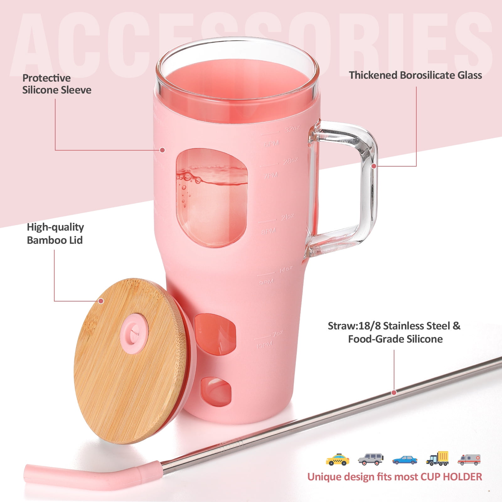 MUKOKO 32 oz Glass Tumbler , Glass Water Bottle with Capacity Marker and Silicone Sleeve, Iced Coffee Drinking Cup with Straw and Lid, Leakproof Suitable for Cup Holders, Pink