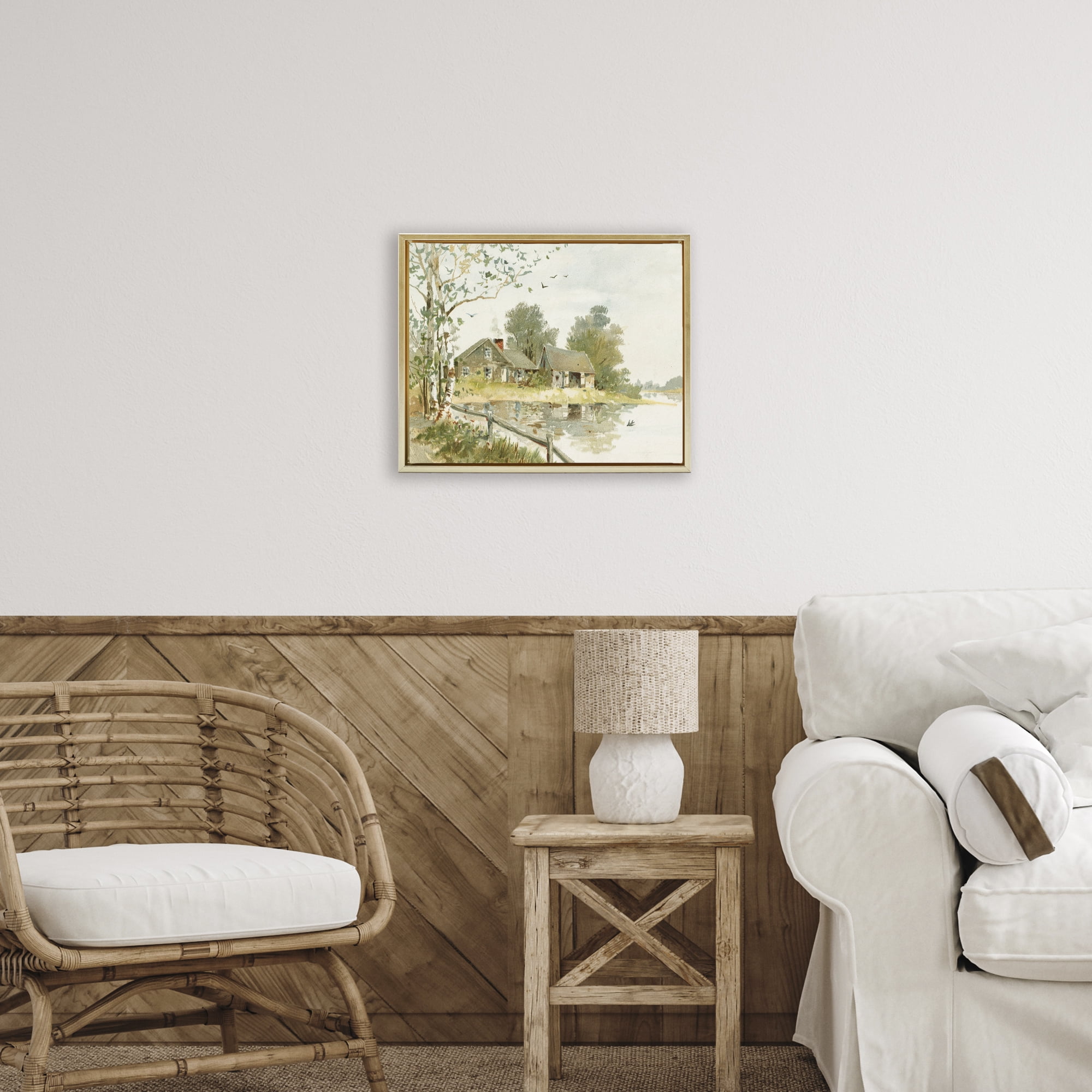 Cabin Along River's Edge Gold Framed Floater Canvas Wall Art, design by Lettered and Lined