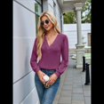 thumbnail image 4 of Camiseta Informal de Larga con Cuello en V y para Mujer, Color Liso Púrpura L, 4 of 9