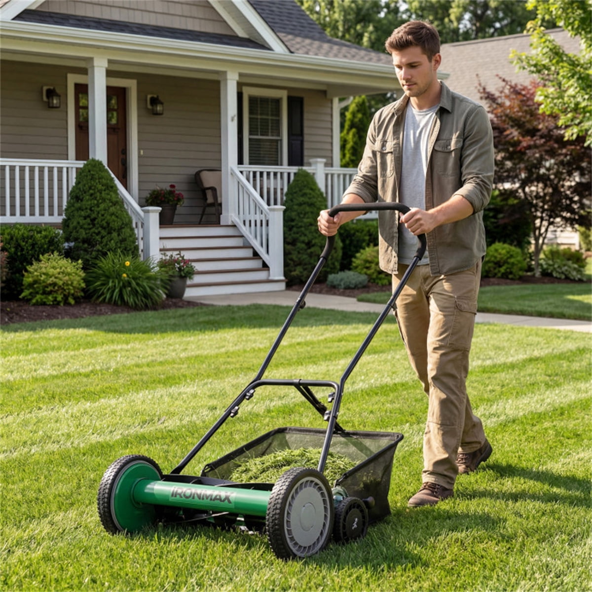 18 Inch 5 Blade Push Reel Lawn Mower with Grass Catcher Green