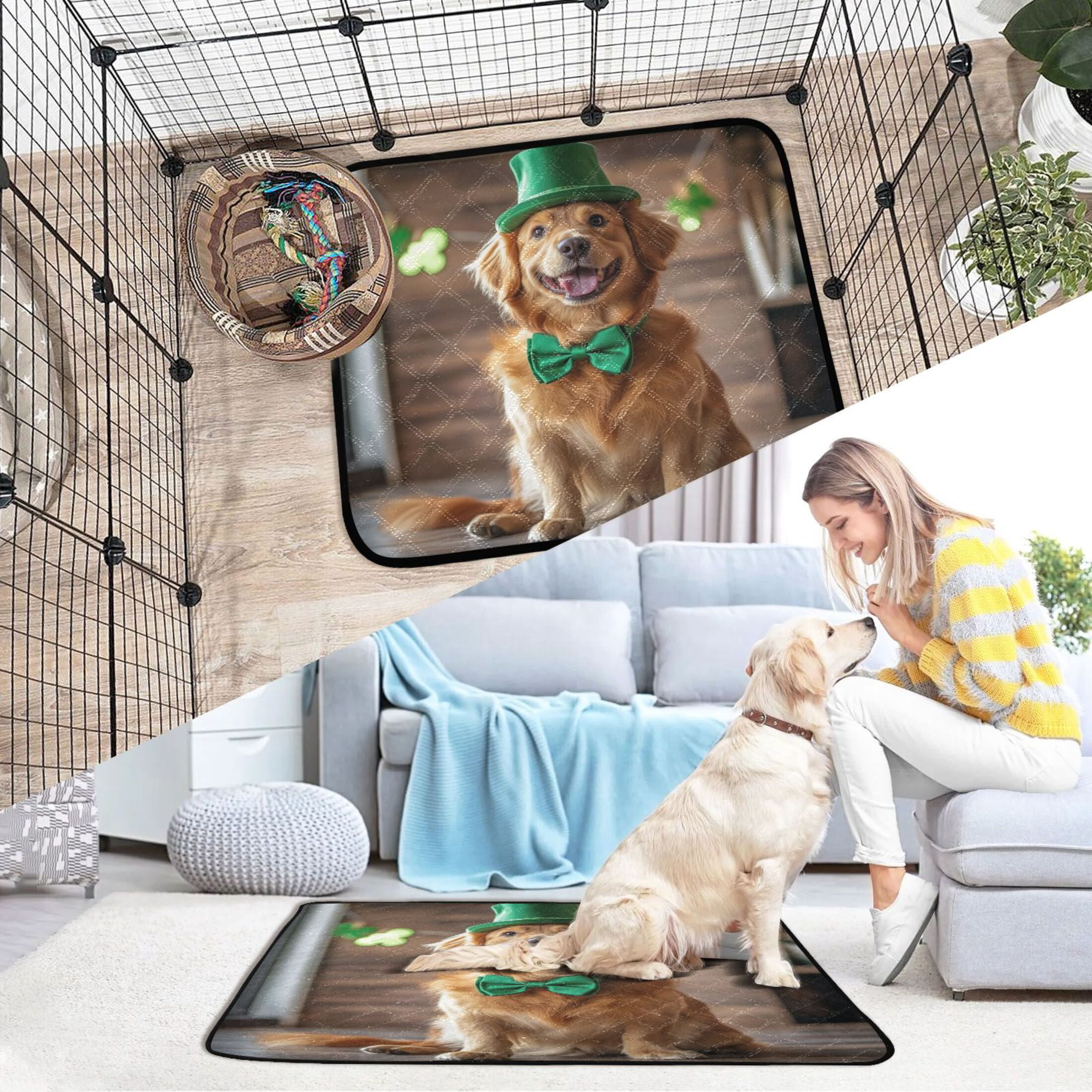 Qxltty St Patricks Golden Retriever Cat litter Pads Pet Set of 2 Diaper Mats Center Anti-leakage Layer Absorbent Soft and Comfortable