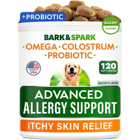 BARK&SPARK Advanced Dog Allergy Itch Relief Chews - Skin Probiotics for Dogs w/Fish Oil Omega 3 - Itchy Skin Relief Pills - Anti Itching Licking - Skin Allergies Treatment Immune Support - 120 Bacon
