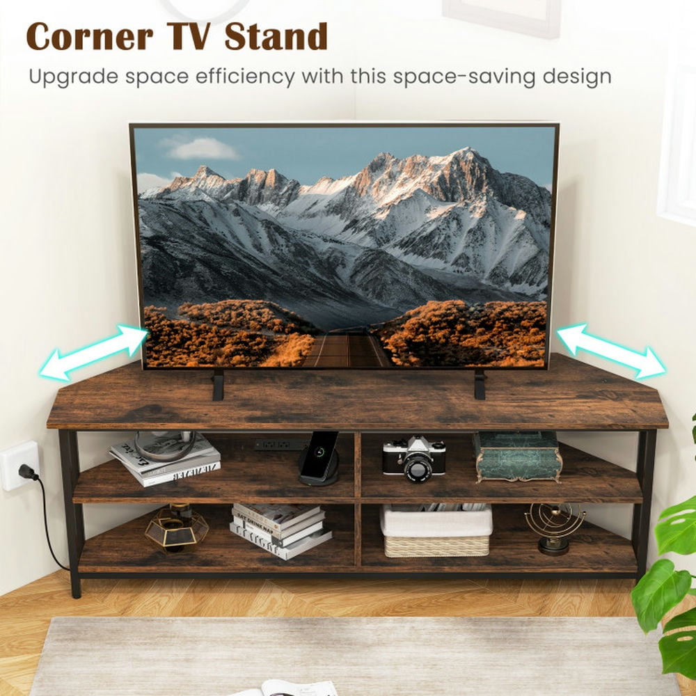 Finihen TV Stand, Entertainment Center, 3-Tier Corner TV Stand for TVs up to 65 Inches with Charging Station, for Living Room, Rustic Brown