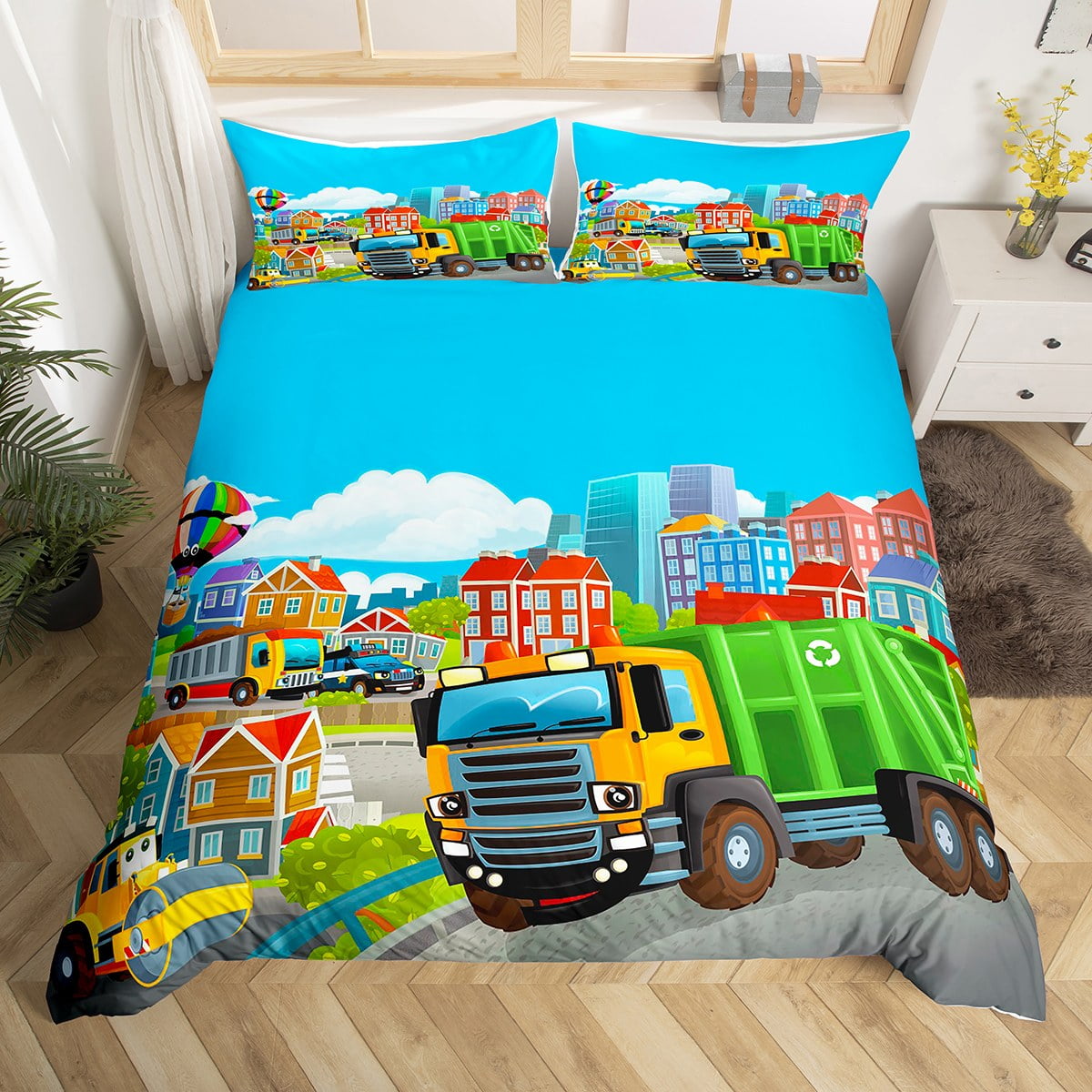 Kids Cartoon Car Duvet Cover Twin Size,Garbage Truck Comforter Cover