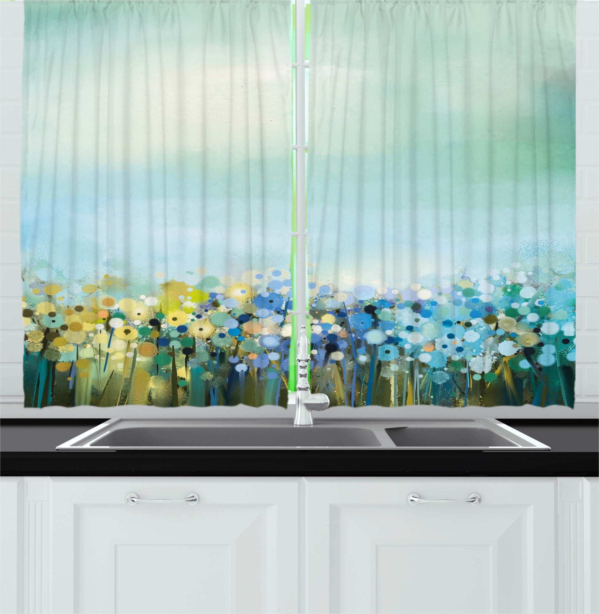 Flower Kitchen Curtains, Aqua Impressionist Depiction of a Field Paint