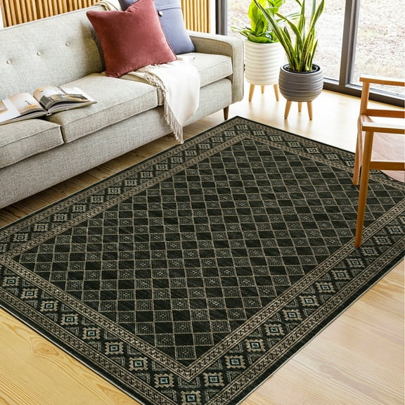 Garvee 8'x10' Modern Bordered Area Rugs Geometric Carpet, Non-Slip Washable Rugs Low Pile Stain-Resistant Floor Cover For Living Room Bedroom Home Decor, Black
