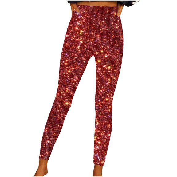 Alkepwun Yoga Leggings for Women High Waisted Sequined Print Tight Fitting Tummy Control Yoga Pants Casual Stretch Party Night Out Fitness Shiny Pant