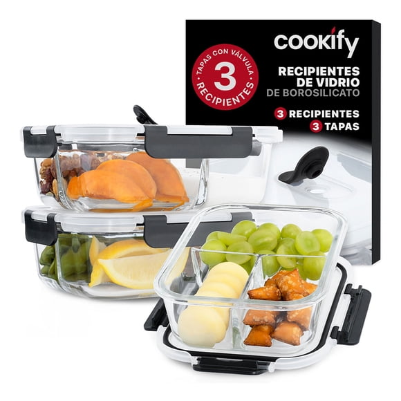Set 3 Contenedores De Vidrio con Divisiones Recipientes Herméticos Cookify | Tapas Con Válvula | Aptos Para Horno Y Congelador | Sin Bpa
