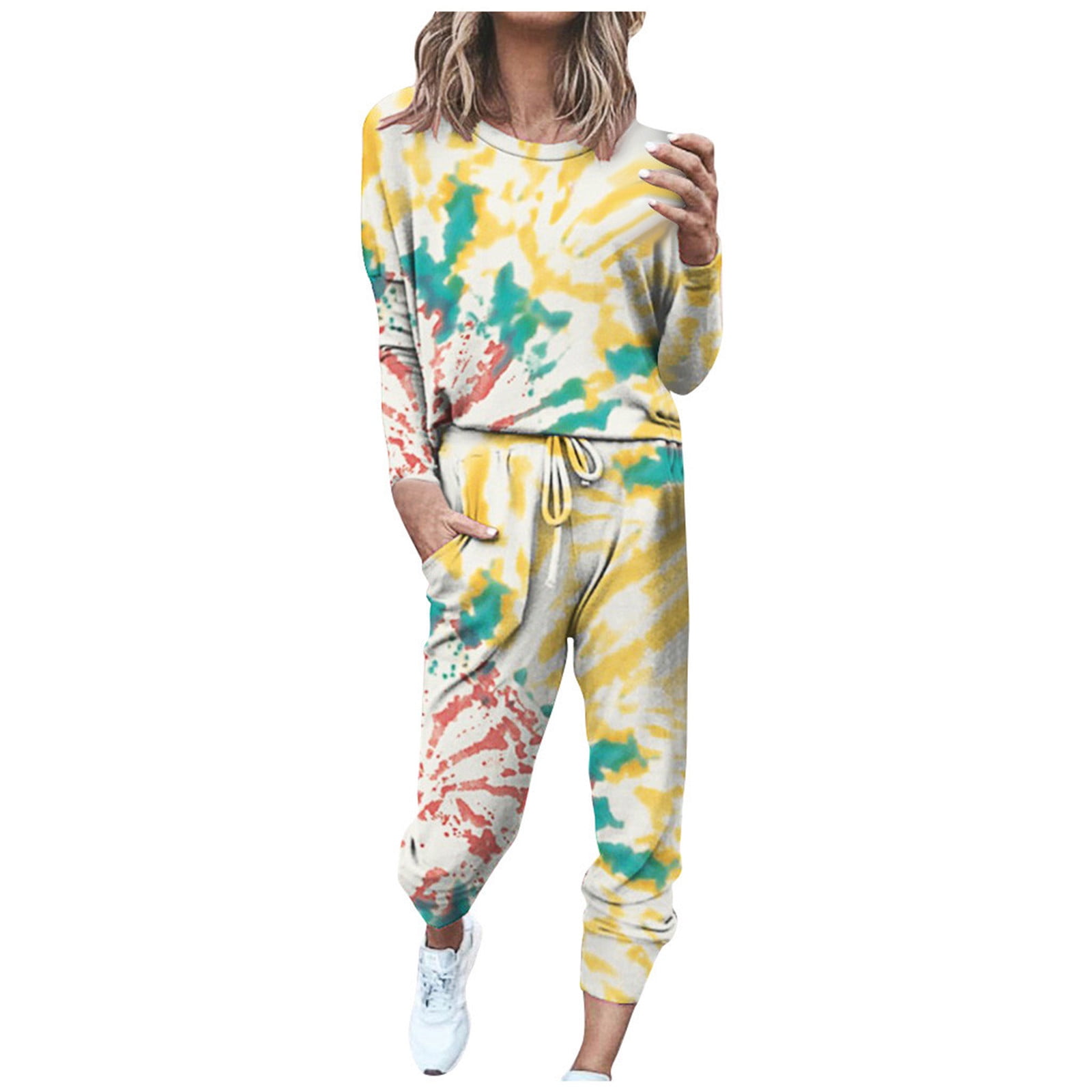 Shorts Set Casual Beach Loungewear Details about   Women Tie-Dye Tracksuit Long Sleeve Tops