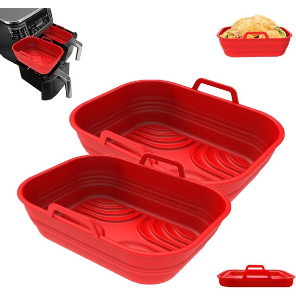CANIS LYCAON Air Fryer Silicone Pot, 8 Inch Air Fryer Silicone Liners Reusable for Steamer and Microwave, 2 Pack Dual Air Fryer Liners are Food-Grade Safe and Heat-Resistant (Red-Pack of 2)
