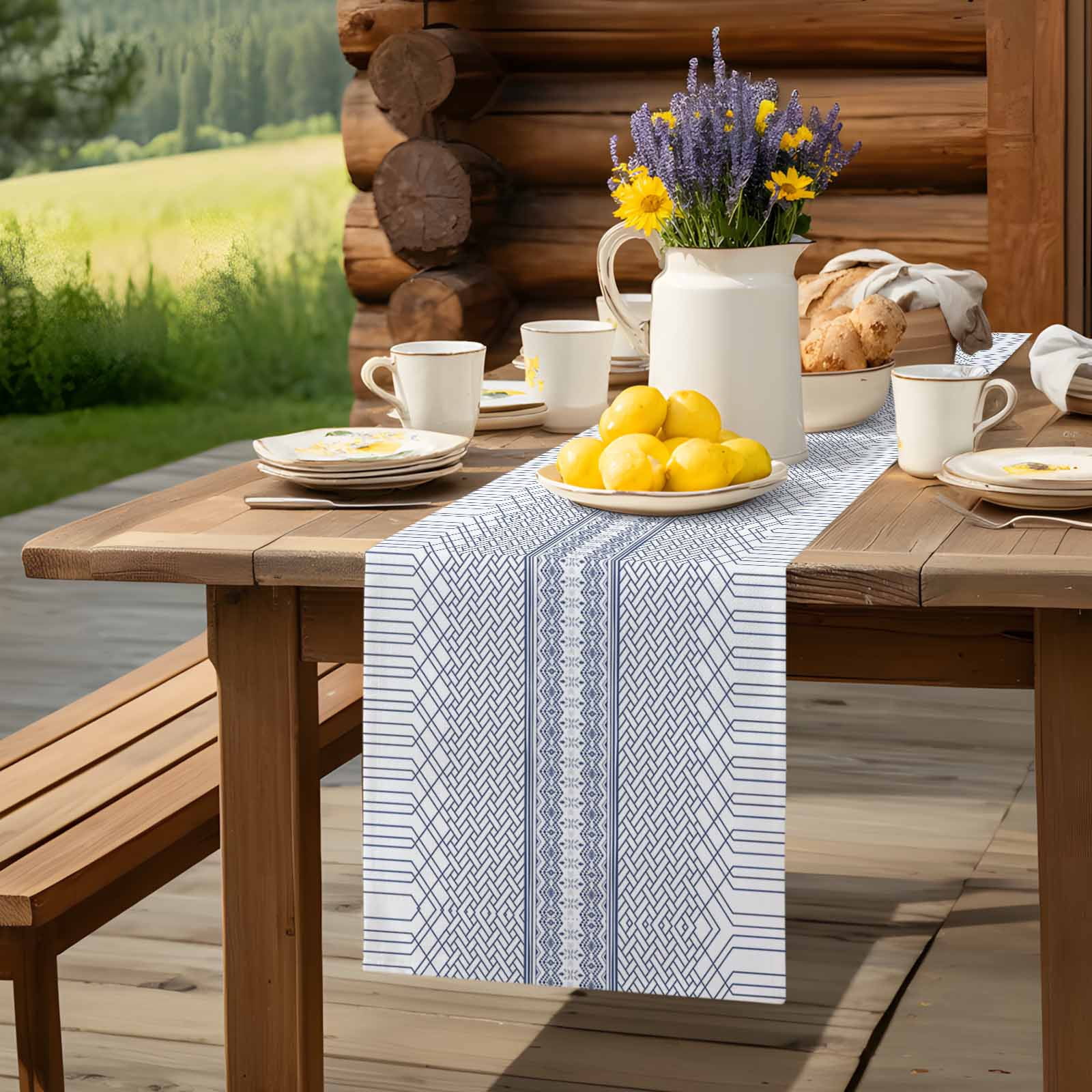 Modern Geometric Stripe Art Table Runner 90 Inches Long, Minimalist Blue Ombre on White Table Runners Tabletop Scarf Kitchen Dining Tables Decoration for Home Party Indoor Outdoor