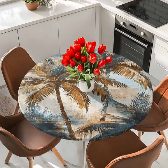 Retro Tropical Palm Trees Elastic Fitted Round Tablecloth Abstract Leaves Summer Tree Waterproof Outdoor Table Cover for Holiday Party, Picnic, Patio & Dining Fits Tables Up to 36"-44"