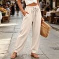 thumbnail image 4 of Linen Pants Women Elastic High Waisted Drawstring Wide Leg Linen Pants Lounge Solid Color Beach Pant with Pockets, L, 4 of 6