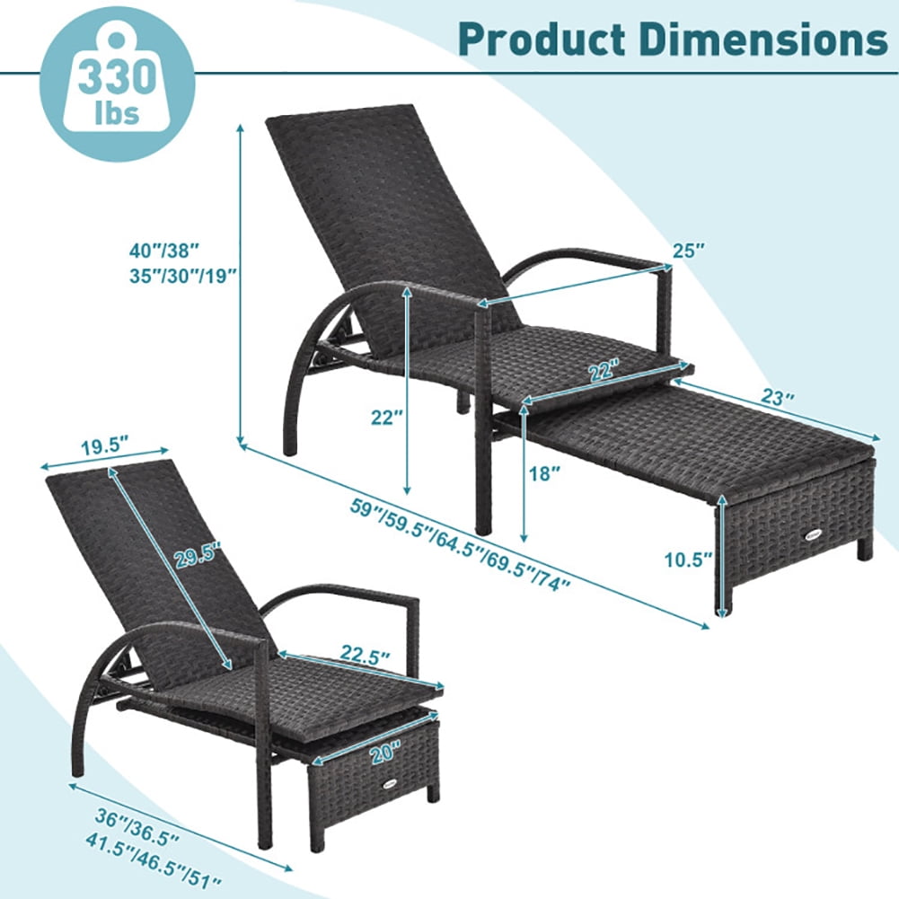 Aimee Lii Patio Chaise Lounge Outdoor Rattan Lounge Chair with Retractable Ottoman, Outdoor Patio Furniture