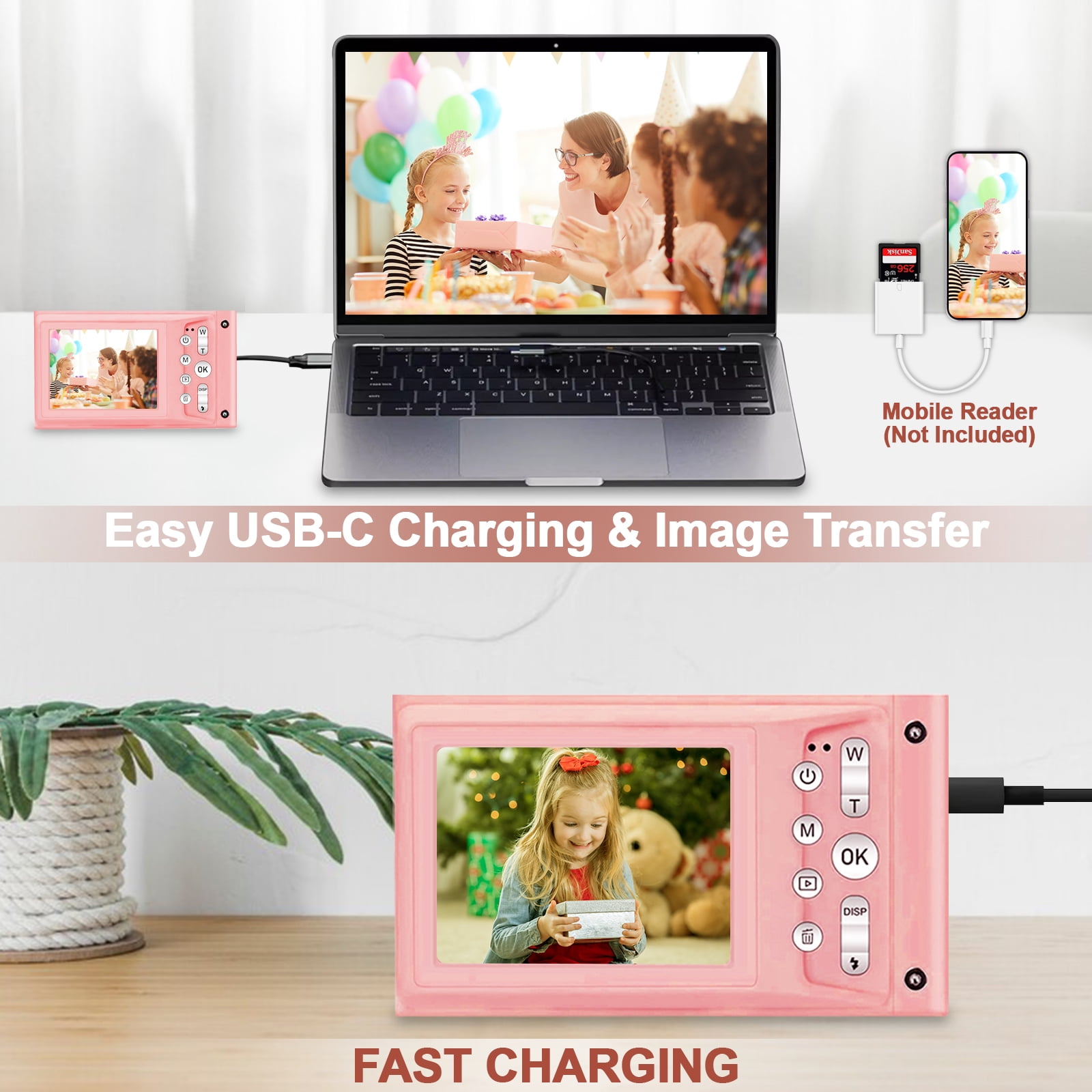 Jazeyeah 48 MP FHD 1080P Point & Shoot Digital Camera with 16x Zoom, Built-in Flash, 2.4-inch LCD, 32GB Card, Pink, 1