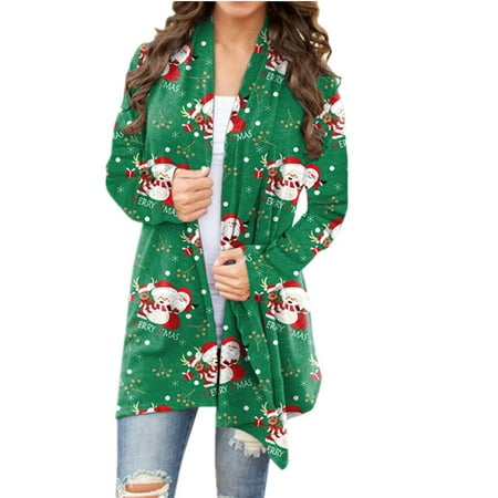 

jsaierl Womens Christmas Cardigan Open Front Long Sleeve Shirts Snowman Graphic Tops Lightweight Comfy Soft Blouse Holiday Gifts 2022
