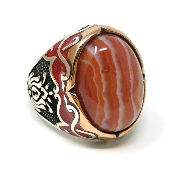 925k Sterling Silver Marble Agate Stone Men's Ring with Red Enameled on Sides Ring Silver Handmade Ring Outstanding Gift|| Ali Baba Jewellery