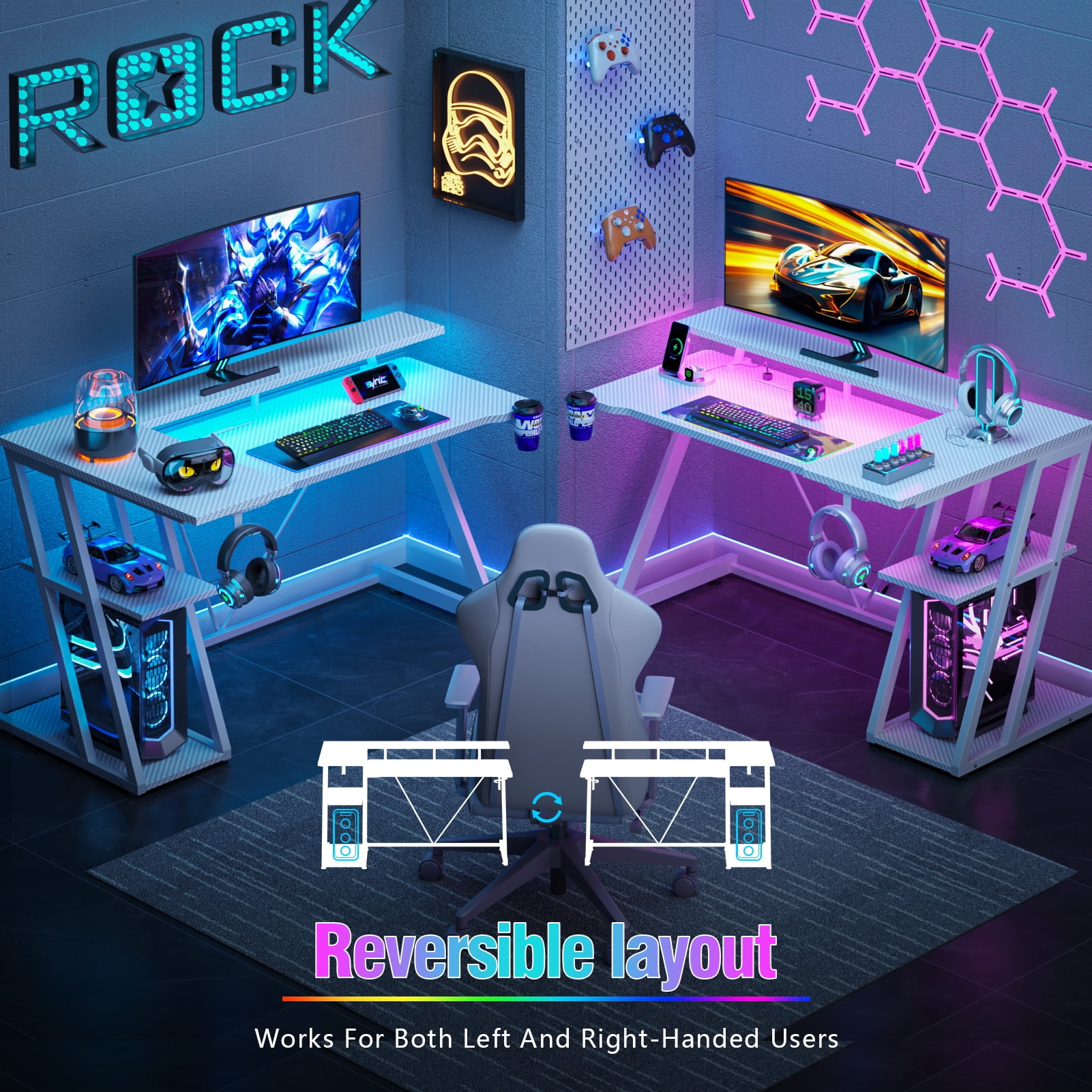 Satifur 47" Pro L-Shaped Gaming Desk White, RGB LED, Power Hub & Monitor Riser for Ultimate Setup