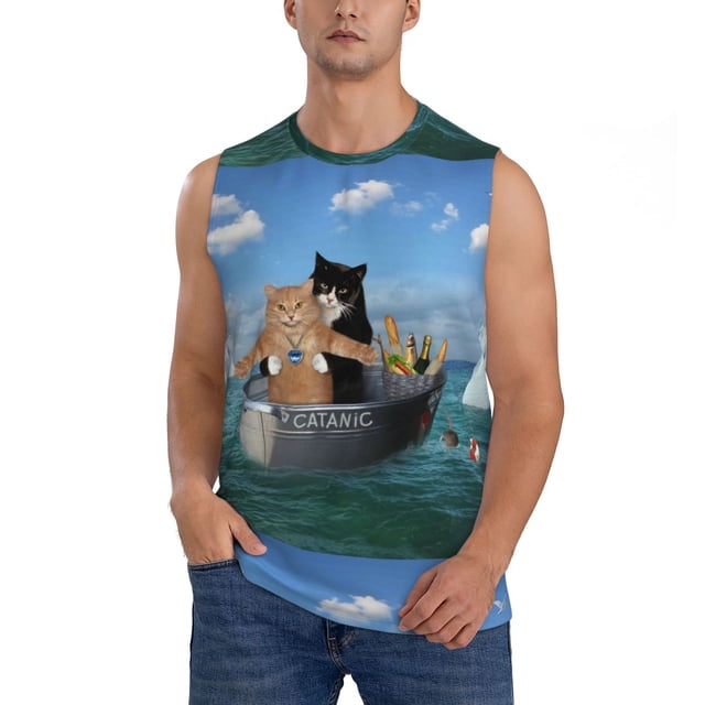 Fotbe Two Brave Cats Are Floating On The Sea Iceberg Men's Camiseta sin Mangas Estampada para Hombres, Playera Casual para Gimnasio, Entrenamiento, Playa-Small