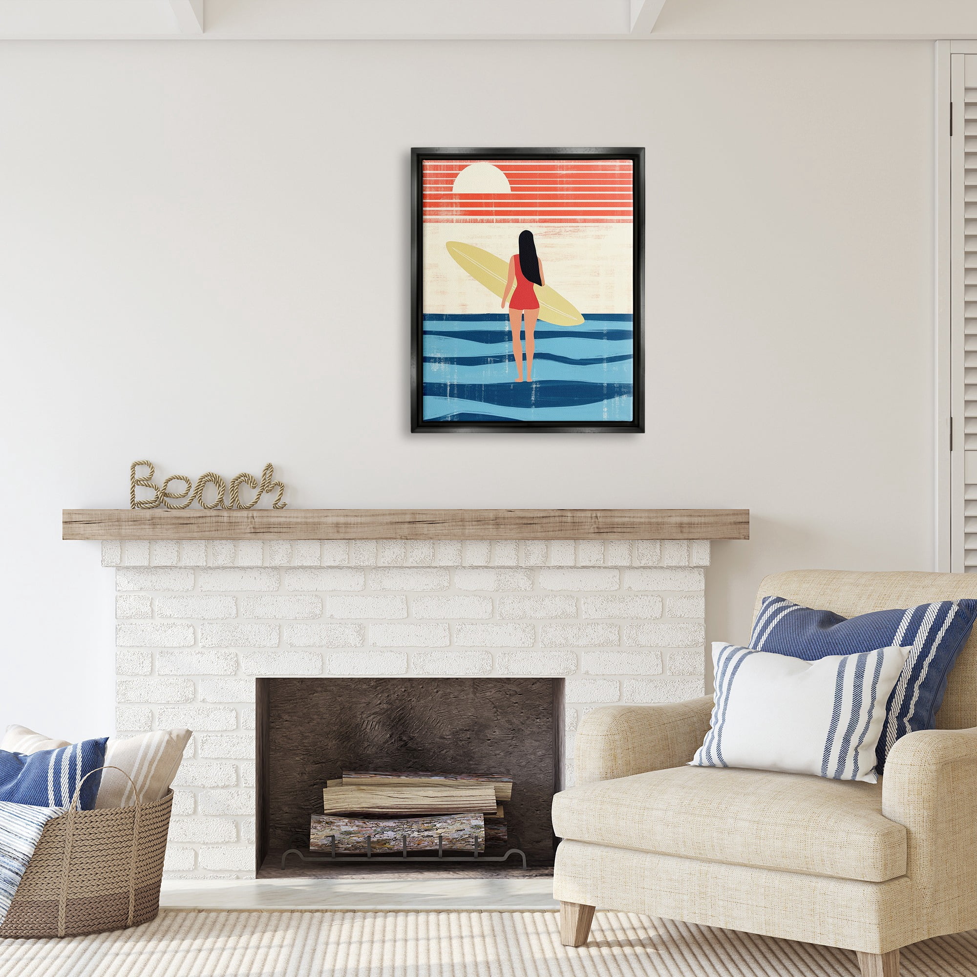 Stupell Industries Rustic Surfer Girl Abstraction Abstract Painting Black Floater Framed Canvas Art Print Wall Art, 25 x 31