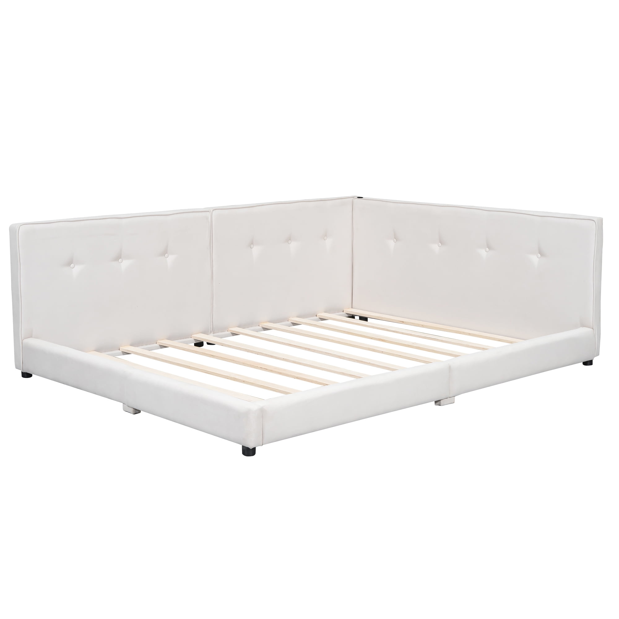 Euroco Upholstered Queen Size Platform Bed with USB Charging Station, Beige