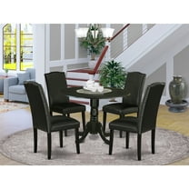 Round Kitchen Table Set 5pc 42" Table w/ Drop Leaves & 4 Parsons Chairs - Black PU Leather