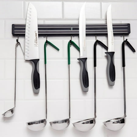 

Magnetic Knife Holder Strip Bar - 18 Restaurant & Commercial Bar Quality - With 5 Hooks - Easy Mounting Screws - Super Strong Magnet Heavy Duty Plastic Bar - Also Holds Ladels Spoons & More