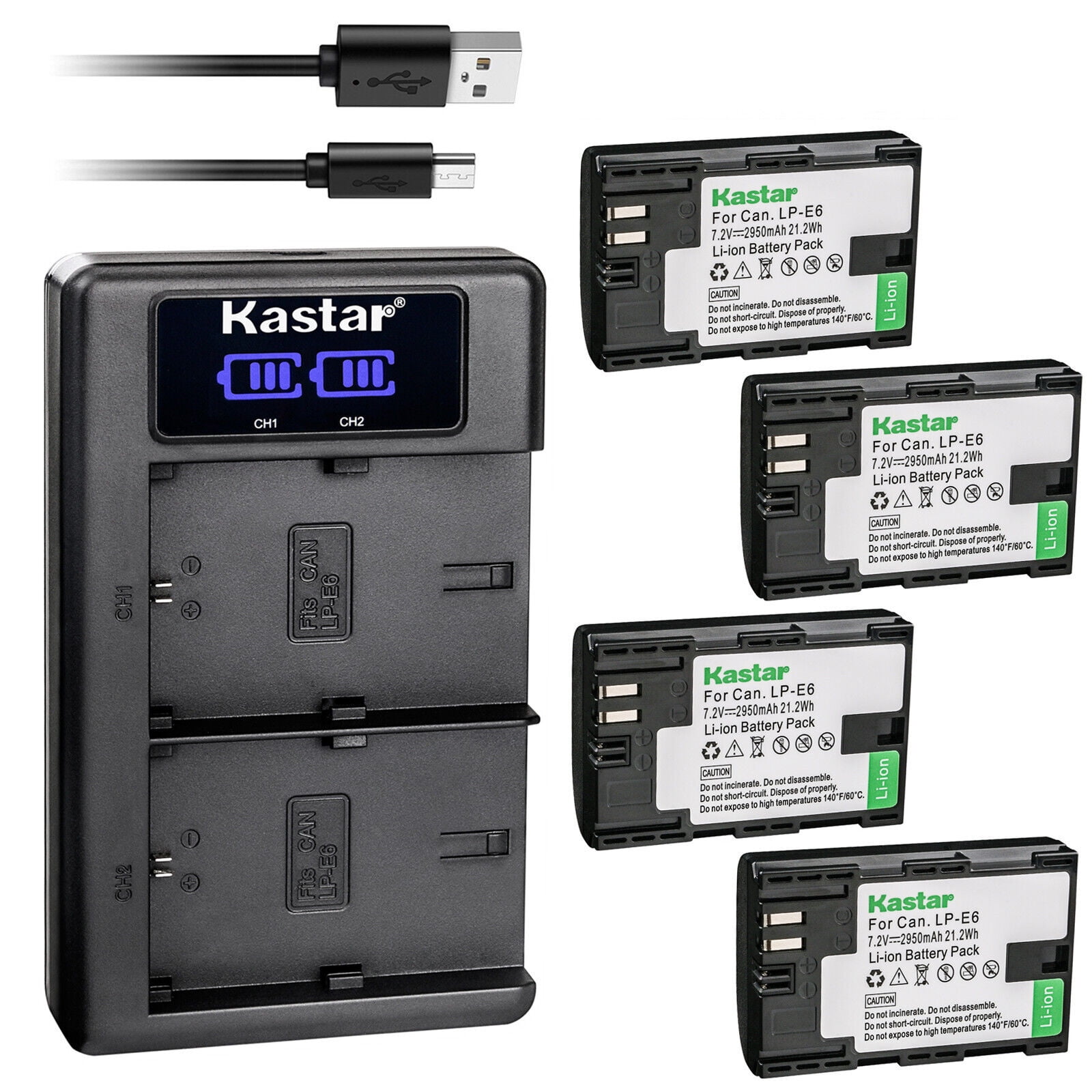 Kastar USB LCD Dual Charger and 4 Pack Battery for Canon LP-E6 LP-E6N, LC-E6  LC-E6E, Blackmagic Design Pocket Cinema Camera 4K, Marshall On-Camera HDMI  Monitor, IKAN On-Camera HDMI Monitor 