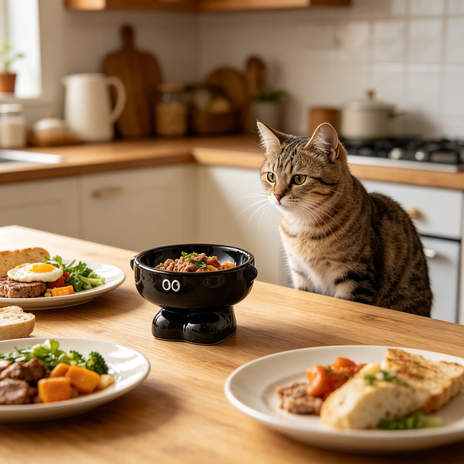 AURIGATE Ceramic Raised Cat Bowl, Elevated Spine Support Pet Dish, Easy Clean Water Food Bowl, 6.69x5.91x4.21 inches Black