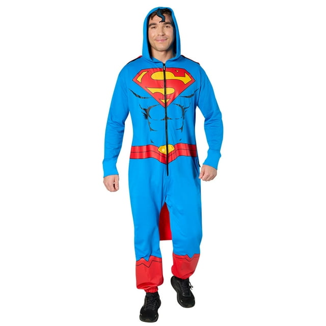 Men's DC Comics Superman comfy wear zip-up costume by Rubies in blue with red accents, featuring the classic 'S' logo and muscle detailing.