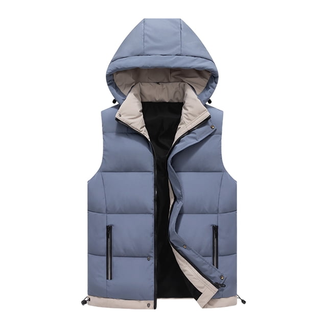 WRKEKC Mens Puffer Vest Solid Color Sleeveless Weighty Removable Hood Zip Up Cardigan Warm Utility Puffer Jacket Outerwear