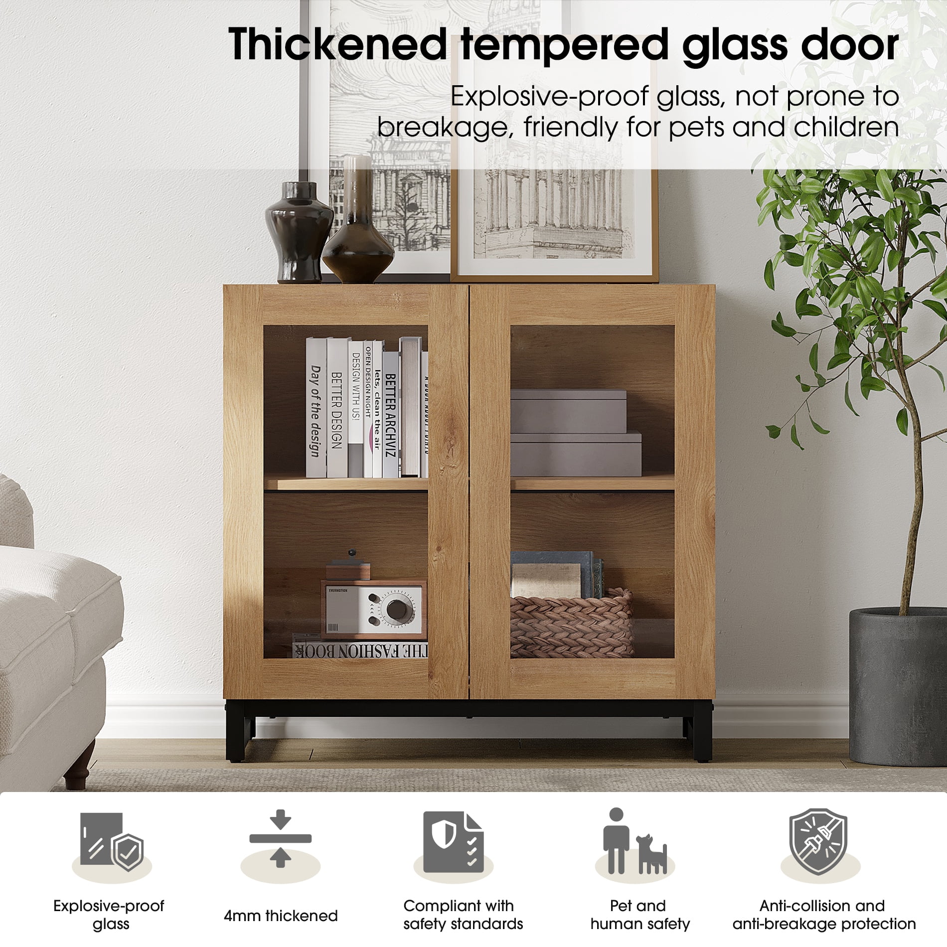 Modern 4-in-1 Multifunctional Sideboard Buffet Cabinet with 8 Glass Doors and Adjustable Shelf Coffee Bar Storage Cabinet for Living Room Kitchen,Oak