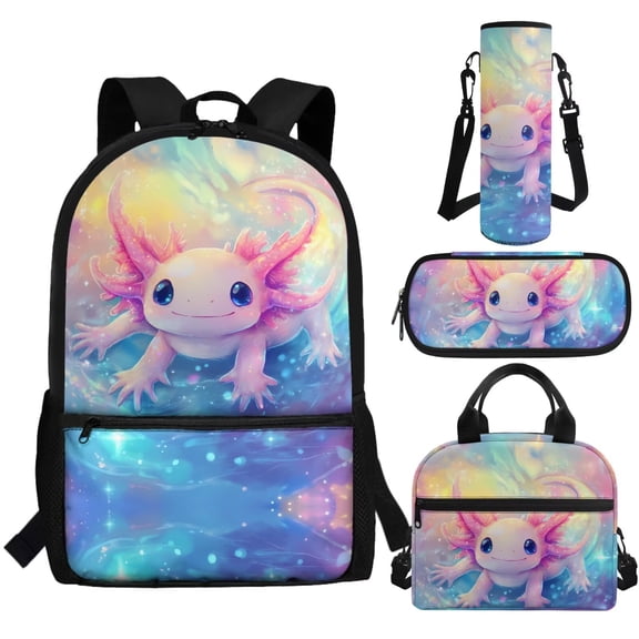 Jeiento Axolotl Backpack for School Girls 6-8 Lightweight Backpack with Lunch Box Pencil Case Water Bottle Sleeve 4 Pcs for Elementary Kindergarten Kids School Bookbag Starry Sky