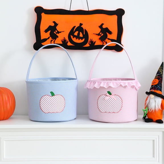 Pink Hand Embroidered Bow Candy Bag, Cloth Pumpkin Bucket for Halloween, Trick-or-treat Holiday Decoration Prop for Kids, Lazyguy
