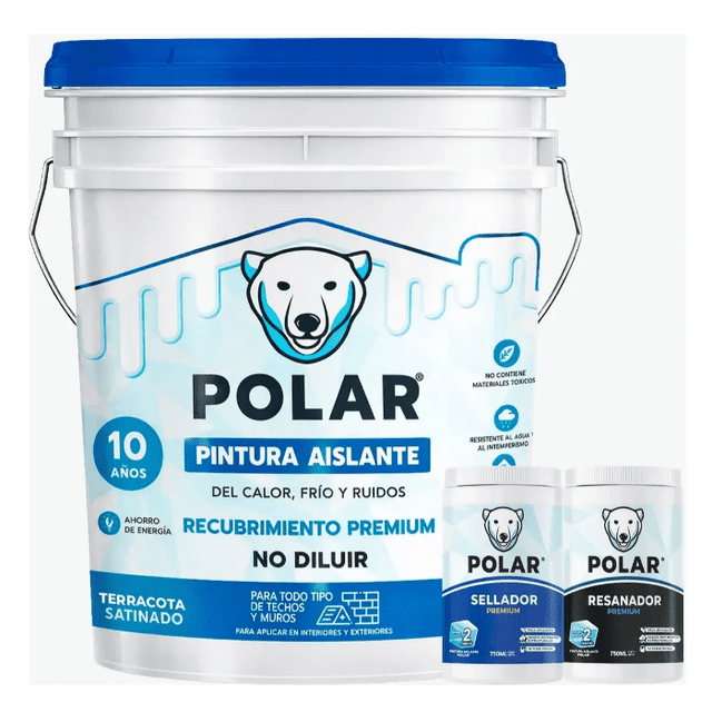 POLAR Pintura Aislante Térmica y Acústica Anti Calor, Terracota para Muros Interior y Exterior 19 L con Sellador y Resanador 750 ml