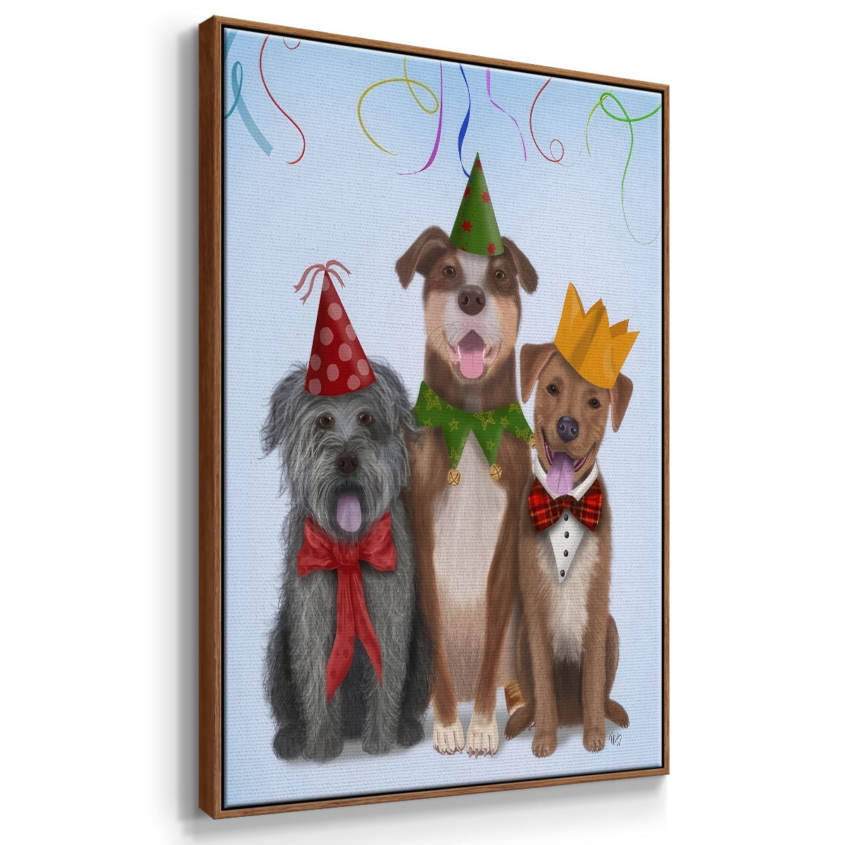 Christmas Party Mutts - Framed Gallery Wrapped Holiday Canvas - 27 x 41 - Rosewood Frame