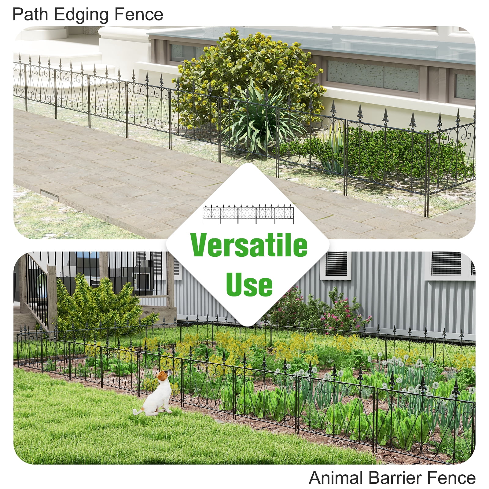 Kinbor 5 Panels Decorative Garden Fence Border Metal Garden Fencing Animal Barrier for Dogs Flower Edging for Yard, Black