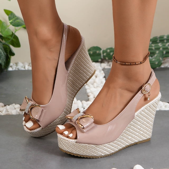 Fankiway Women's Non Slip Roman Style Wedge Sandals Rhinestone Bow Height Increasing Plus Size Spring Summer Trendy Pink 7.5