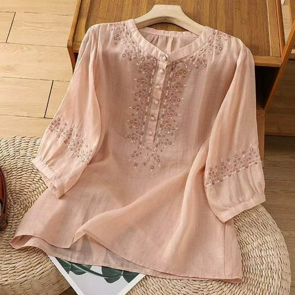 Busydd Plus Size Womens Tops M-4XL Casual Solid Color 1/2 Length Sleeve Going Out Tops for Women Trendy Round Neck Embroidered Spring Summer Tops Comfy Button Peasant Cotton Linen Shirts