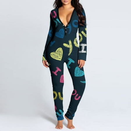 

Pants Clearance Womens Onesie Flap Pajamas Love Print Butt Flap Sleepwear Cute Button Collar Rompers Nightwear Jumpsuit Green L