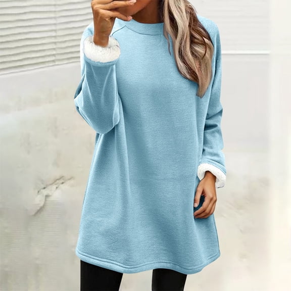 HLKJKLS Winter Clothing For Women Fashionable Solid Color Fleece Sweatshirt Polyester Warm Casual Blue S-3Xl