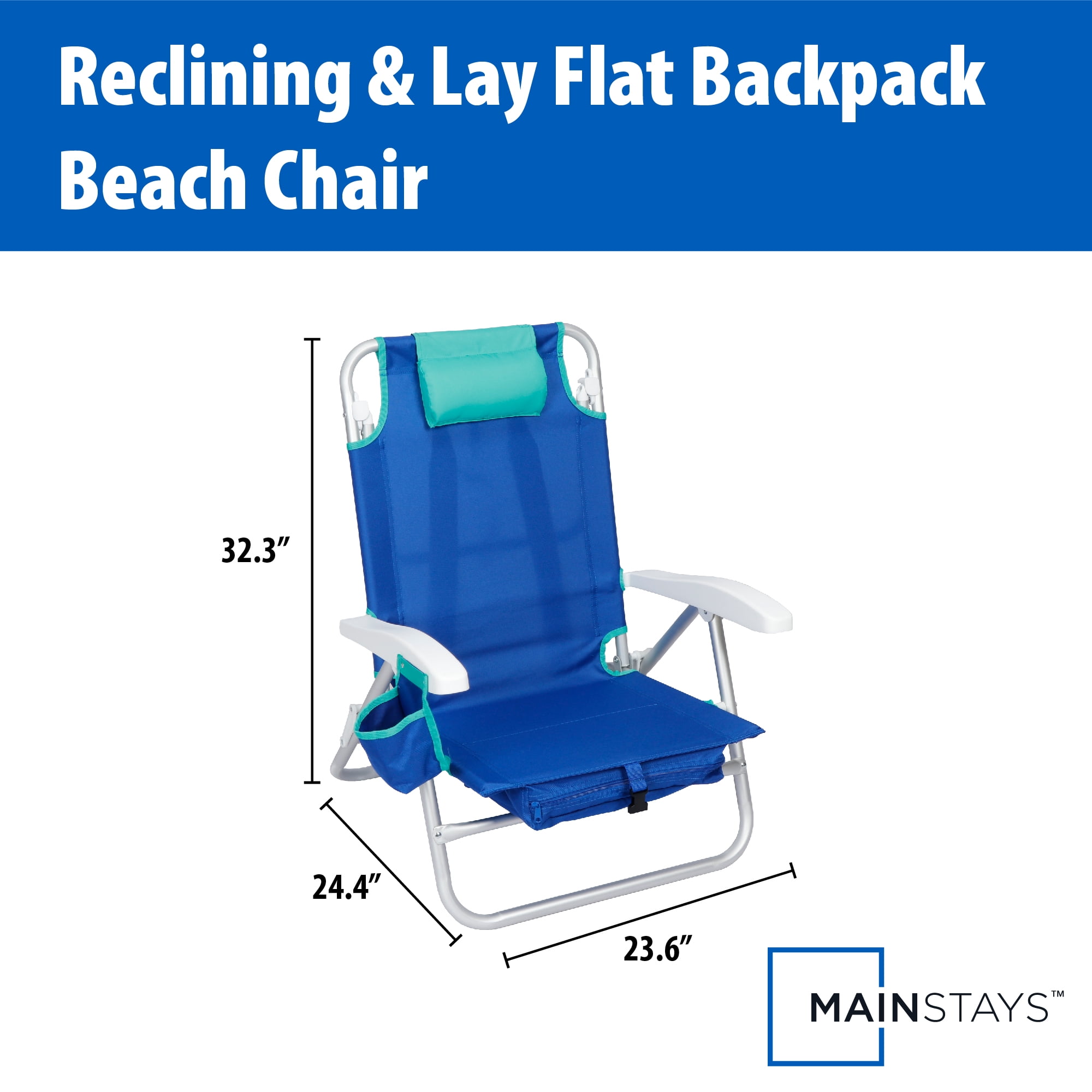 Mainstays Backpack Beach Chair, Reclining, Lay Flat, Blue