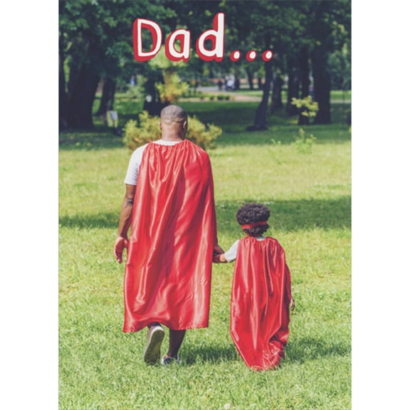 RSVP Superhero Dad and Child in Red Capes Walking in Park African American Father's Day Card for Dad