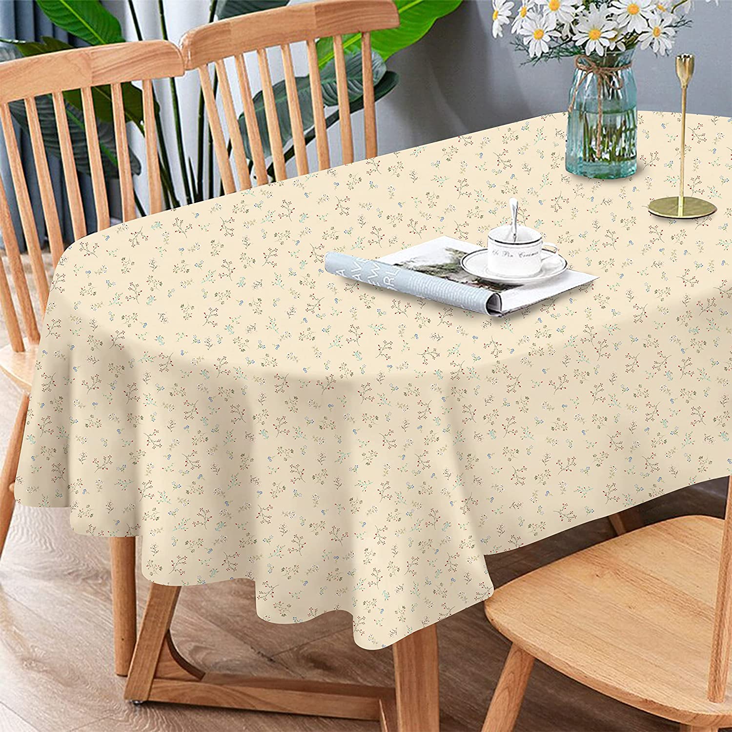 Oval Floral Tablecloth Small Flower Ivory French Country Tablecover 60 