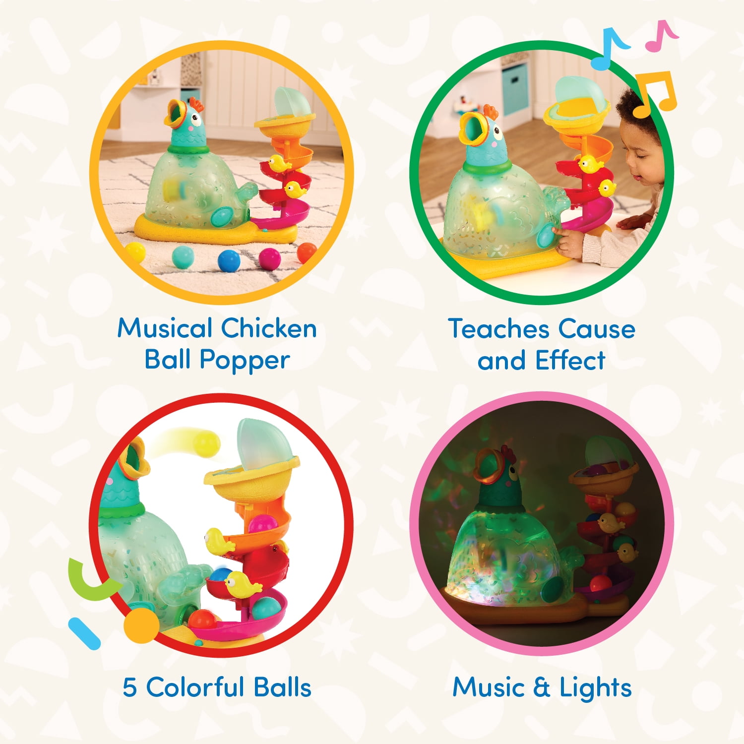 Battat Pop-A-Doodle-Doo Chicken Ball Popper with Music Lights, Baby and Toddler Toys