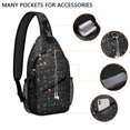 thumbnail image 2 of Sling Backpack,Black White Halloween Skull Bat Moon Pattern Sling Bag with Water Bottle Holder,Waterproof Sling Bag for Men/Women with Headphone Jack for Hiking,Travel, 2 of 6