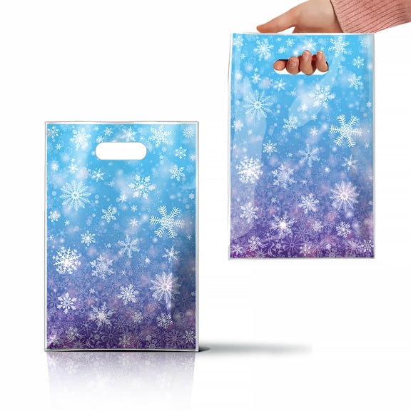 50Pcs Snowflake Plastic Gift Bags, 6.5x9.8 Inch Winter Party Favor Bags, Blue Purple Gradient Goodie Bags for Kids Birthday, Holiday, Christmas, Winter Wonderland Themed Parties