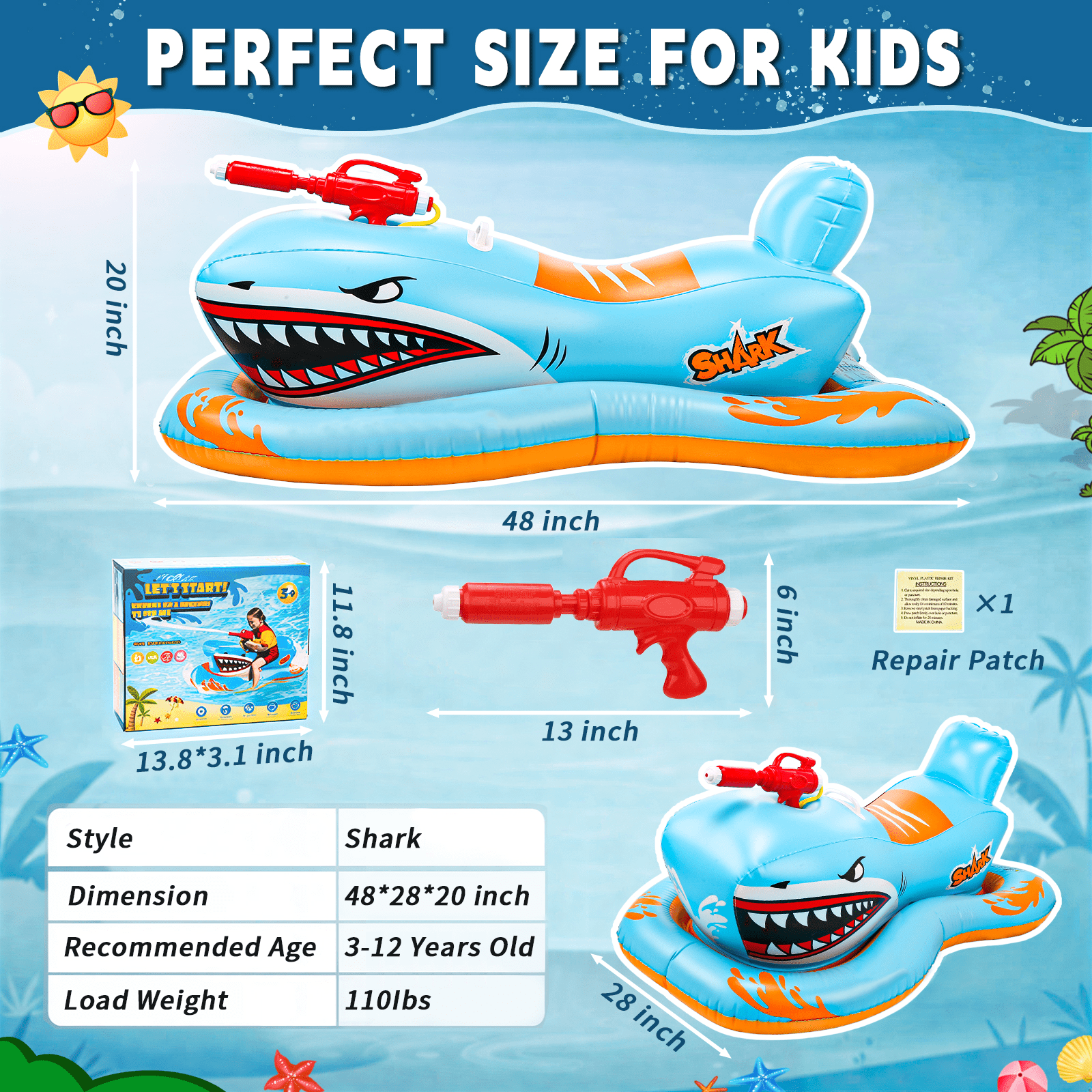 Pool Floats for Kids, Inflatables Shark Ride-on Water Toys with Watergun Swimming Game Boy Girl 3-12