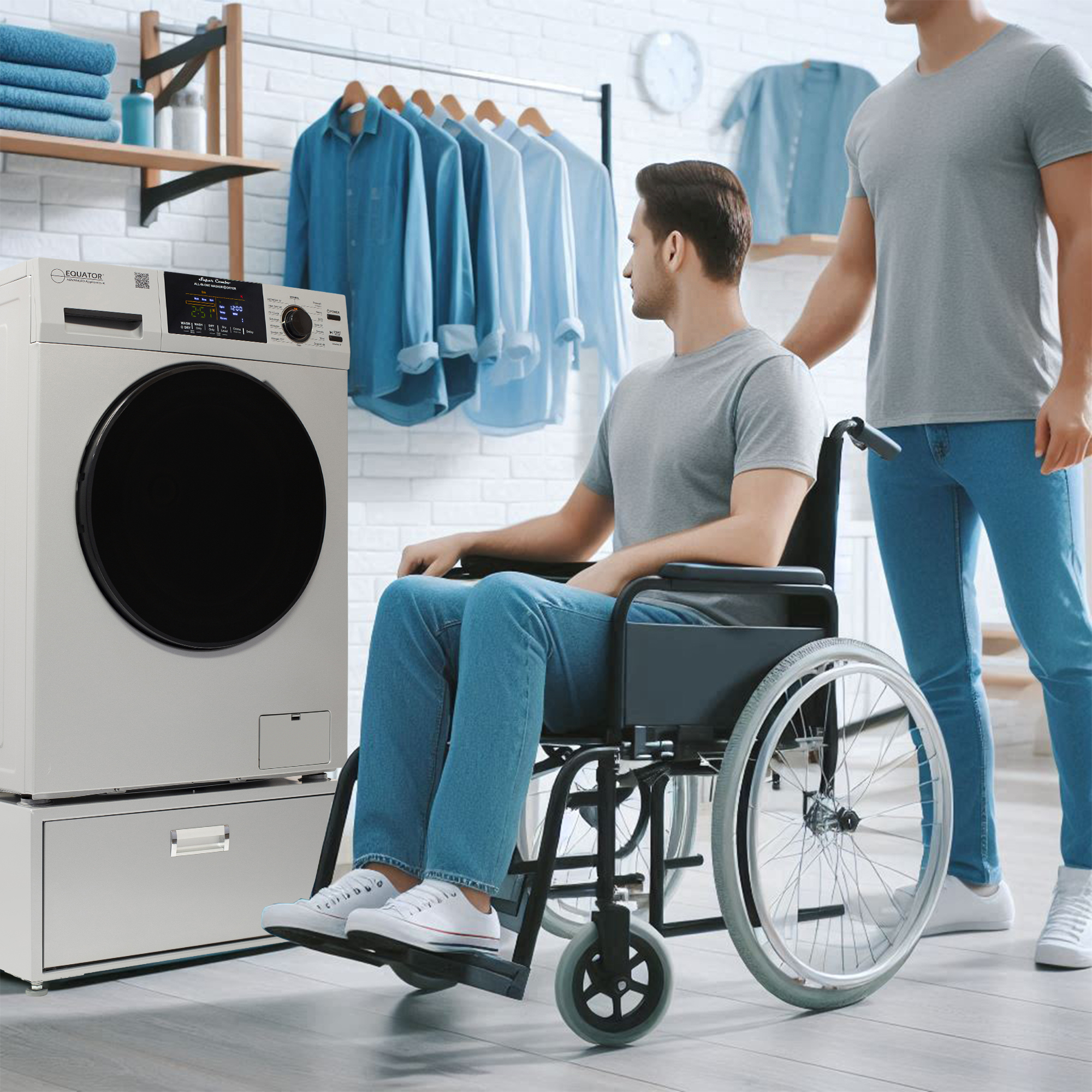 Equator All-in-One Washer Dryer VENTED-DRY 30% FASTER than Condense 15lb 110V with pedestal, Adjustable legs and Sanitize Cycle
