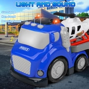 Hot Bee Toddler Police Carrier Truck Toy w/ Lights & Sounds, Mini Police Vehicles, Ambulance, Helicopter, Transport Toy for Boys Ages 3-6, Gift for Kids 3+